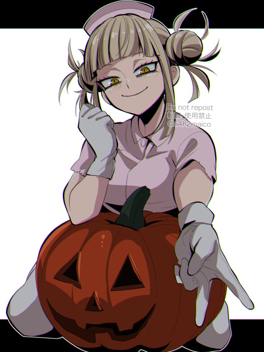 1girl, a4h2maico, absurdres, blunt_bangs, blush, boku_no_hero_academia, chromatic_aberration, collared_dress, commentary_request, double_bun, dress, eyelashes, gloves, gyaru_v, hair_bun, hat, highres, jack-o'-lantern, kneeling, looking_at_viewer, messy_hair, narrowed_eyes, nurse_cap, pink_dress, short_hair, short_sleeves, smile, solo, toga_himiko, v, white_gloves, yellow_eyes