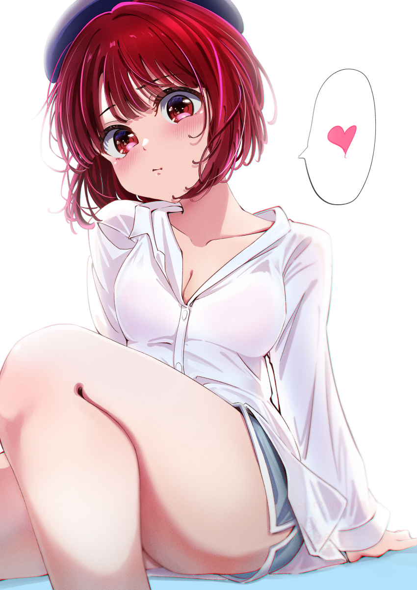 1girl, absurdres, arima_kana, blue_eyes, blue_hat, blue_shorts, blush, breasts