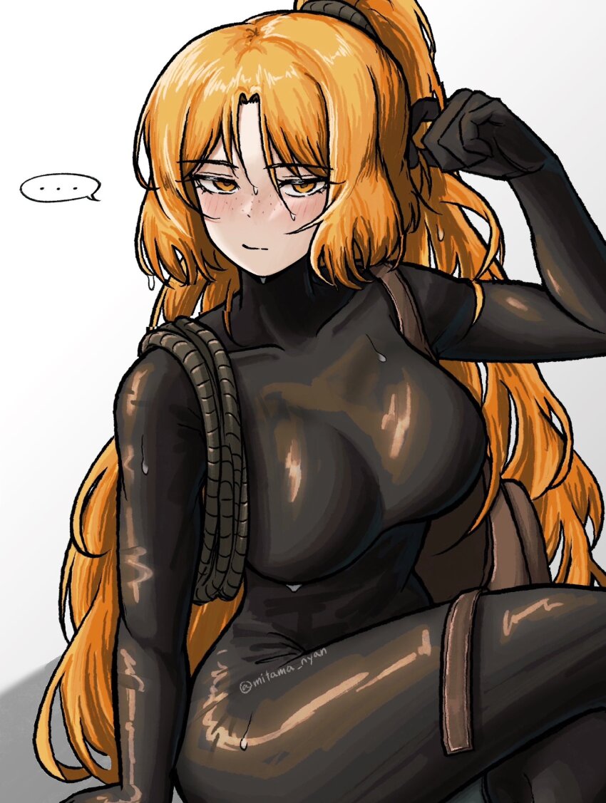 1girl, black_wetsuit, bodysuit, breasts, closed_mouth, commentary, covered_collarbone, diving_suit, green_eyes, hand_up, high_ponytail, highres, ishmael_(project_moon), knee_up, large_breasts, limbus_company, long_hair, looking_at_viewer, mitama_nyan, molar_boatworks_(identity)_(project_moon), orange_hair, ponytail, project_moon, rope, simple_background, sitting, solo, untranslatable_commentary, very_long_hair, wet, wet_hair, wetsuit, white_background