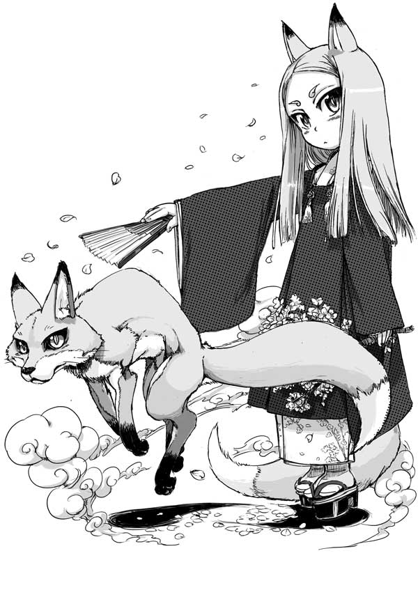 1girl, animal_ears, cherry_blossoms, hand_fan, fox, fox_ears, fox_tail, greyscale, hachiman_suzune, ike_(altitude_attitude), japanese_clothes, leaf, monochrome, sandals, smoke, tail, tamae_(neko_musume_michikusa_nikki), branch, yuu_yake_koya_ke, yuuyake_koyake