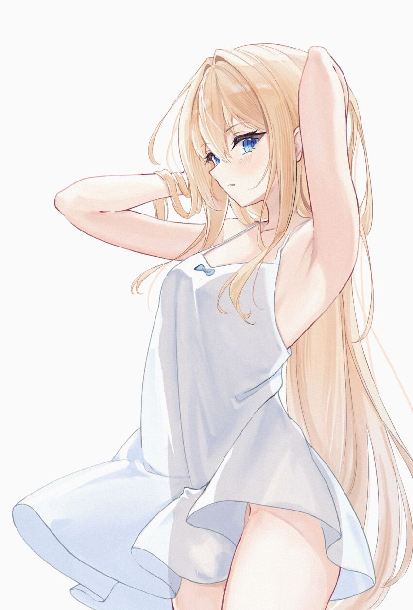 1girl, armpits, blonde_hair, blue_eyes, breasts, dress, highres, long_hair