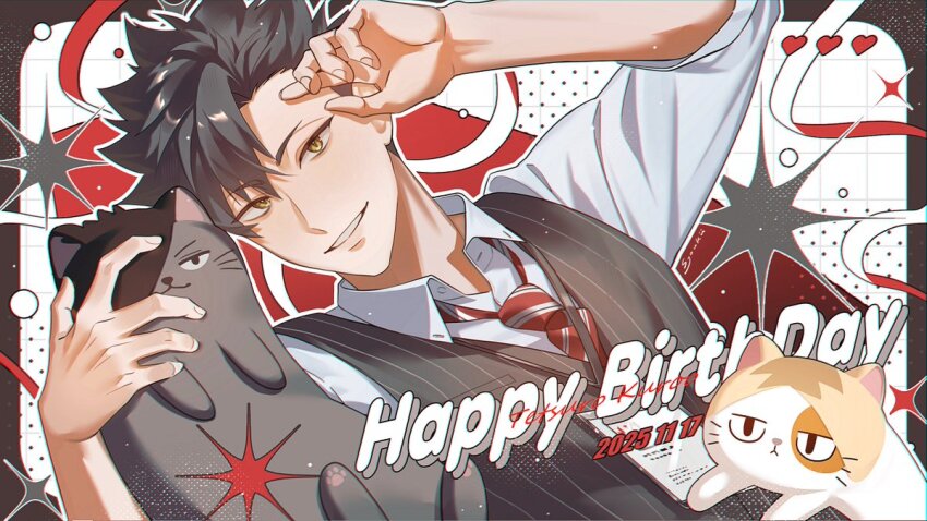 1boy, black_hair, cat, commentary_request, dated, haikyuu!!, happy_birthday, kuroo_tetsurou