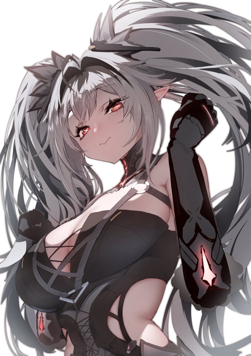 1girl, absurdres, armpit_crease, arms_up, black_hair, black_streaks, breasts, cleavage