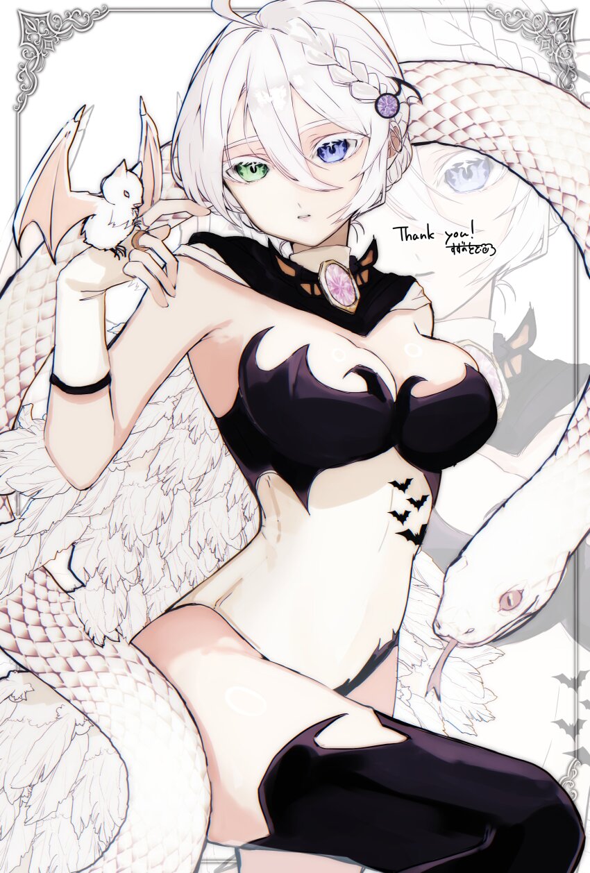 1girl, absurdres, bat_(animal), bat_tattoo, black_bra, black_cape, black_thighhighs, blue_eyes