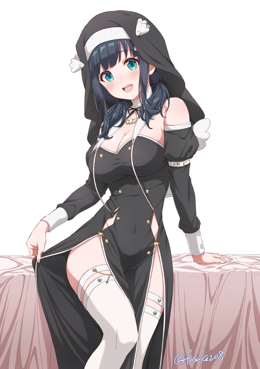 1girl, absurdres, amano_nene_(vtuber), amano_nene_(nun)_(vtuber), black_dress, blue_eyes, blue_hair, blush