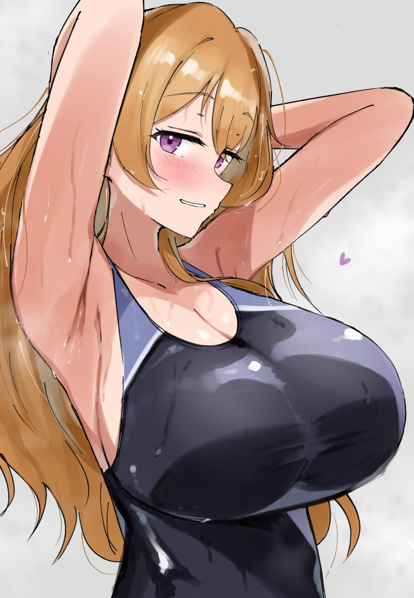 absurdres, armpits, arms_up, black_one-piece_swimsuit, blush, breasts, brown_hair, cleavage