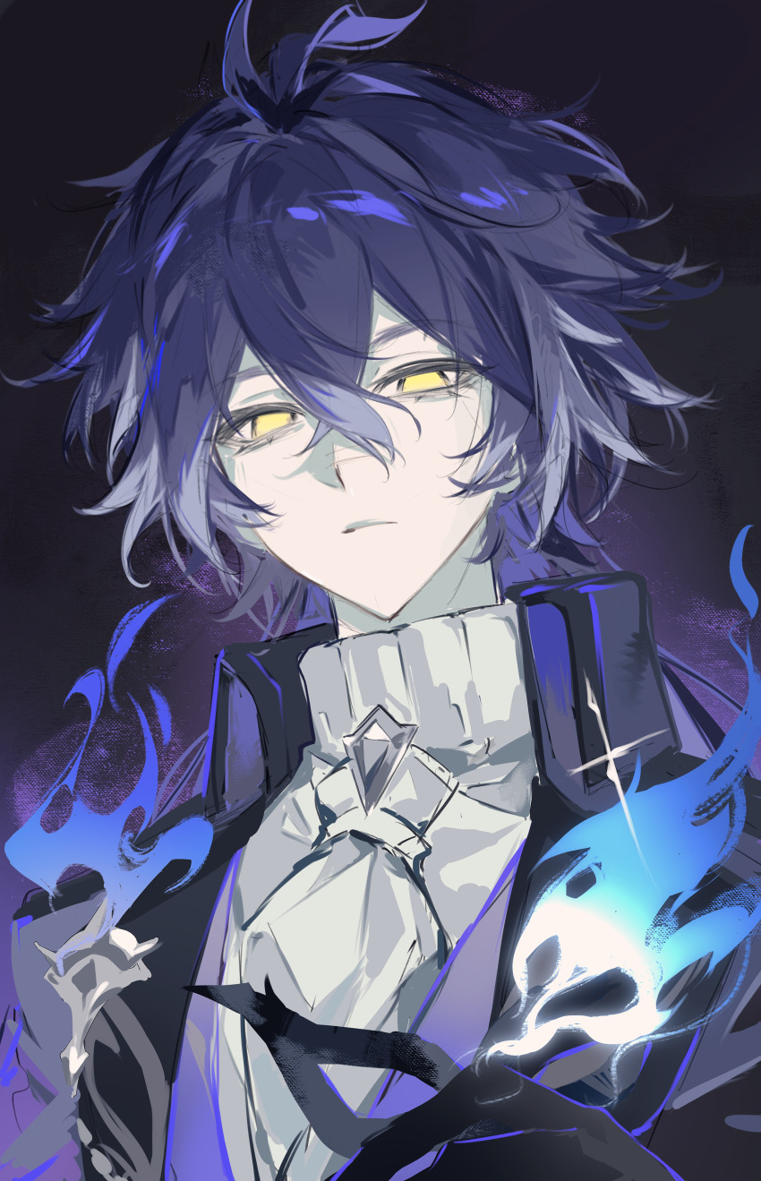 1boy, absurdres, antenna_hair, black_coat, black_gloves, blue_fire, blue_hair, coat