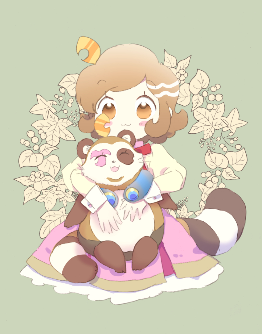 1girl, :3, apocalypse_hotel, brown_eyes, brown_hair, closed_eyes, hair_ornament, highres