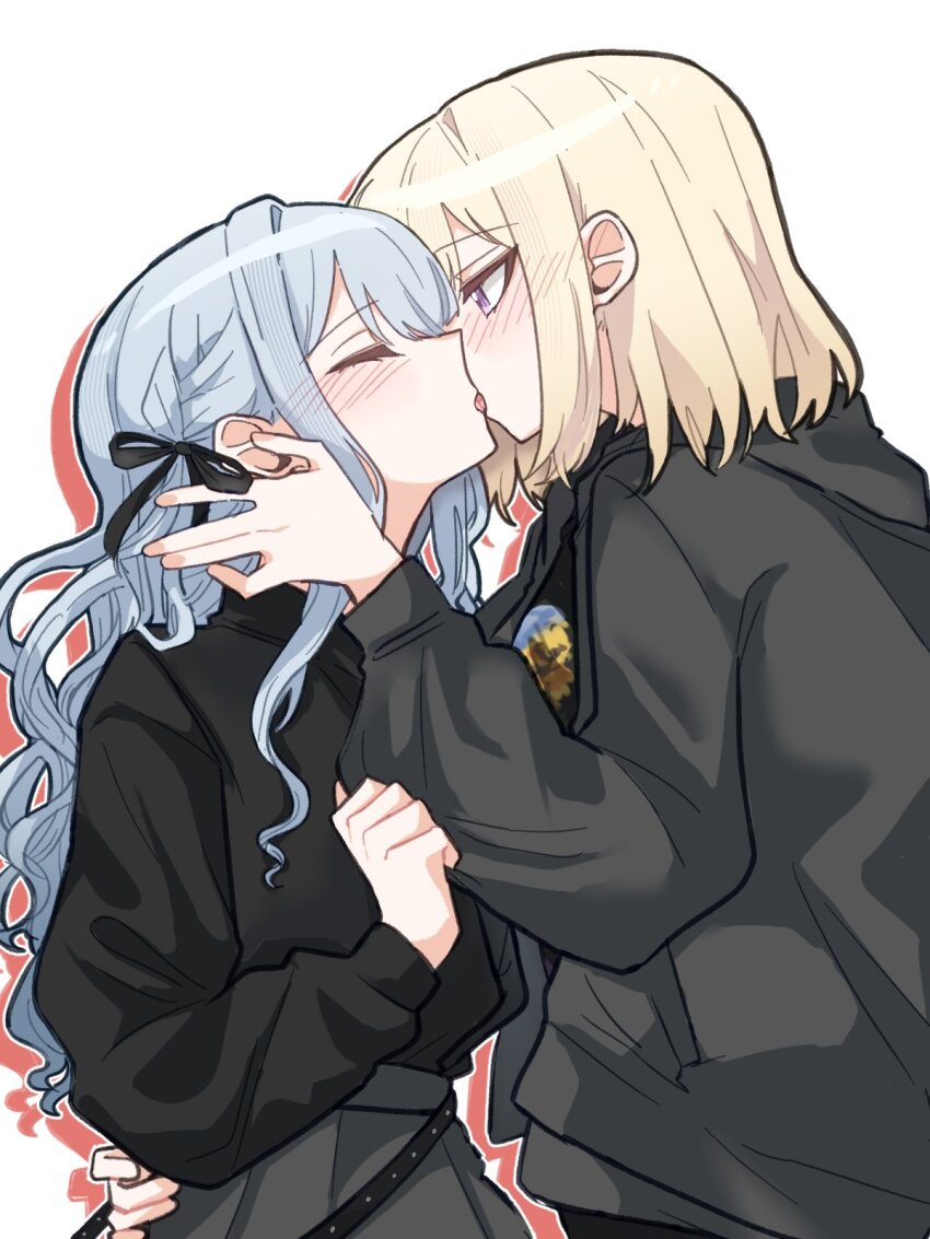 2girls, at_09098, bang_dream!, bang_dream!_it's_mygo!!!!!, black_jacket, black_ribbon, black_shirt, blonde_hair, blue_hair, blush, commentary, ear_blush, french_kiss, hair_ribbon, highres, jacket, kiss, long_hair, medium_hair, misumi_uika, multiple_girls, purple_eyes, ribbon, sailor_collar, shirt, sidelocks, simple_background, togawa_sakiko, upper_body, white_background, yuri