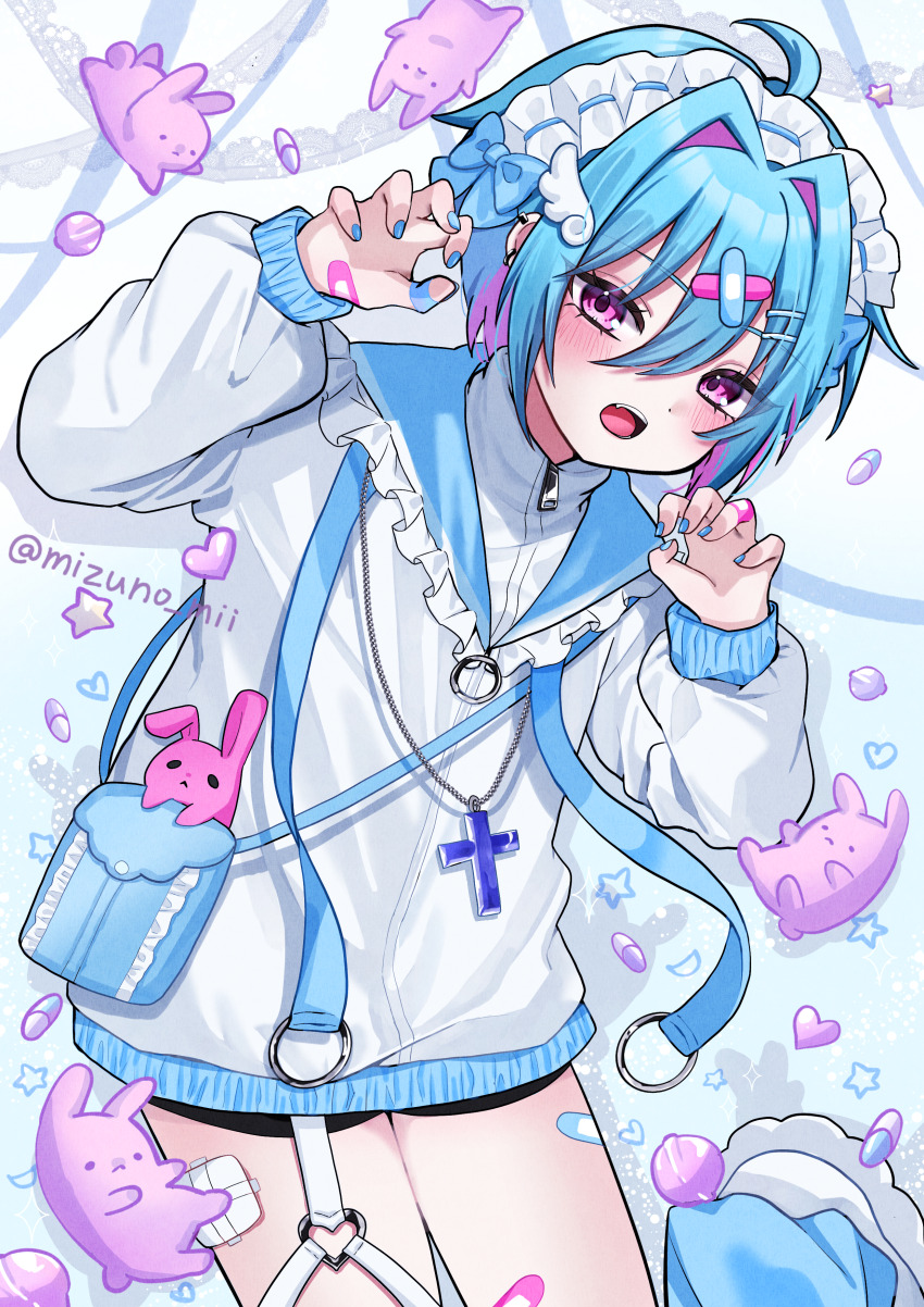 1boy, absurdres, angel_wings_hair_ornament, bag, bandaid, bandaid_hair_ornament, bandaid_on_leg, black_shorts