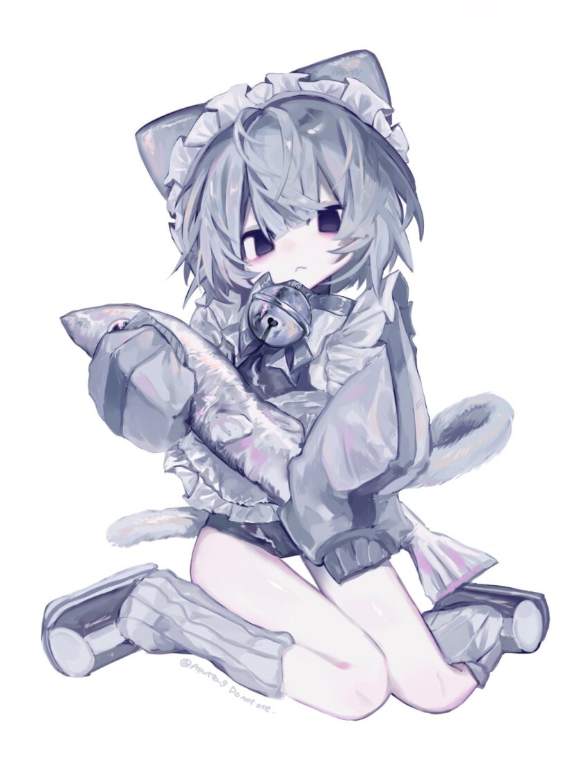 1girl, :<, animal, animal_ears, apron, apu_(aputto_9), bell, black_eyes