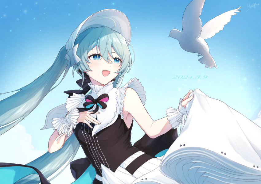1girl, aqua_hair, bird, blue_eyes, clothes_lift, dove, dress, dress_lift