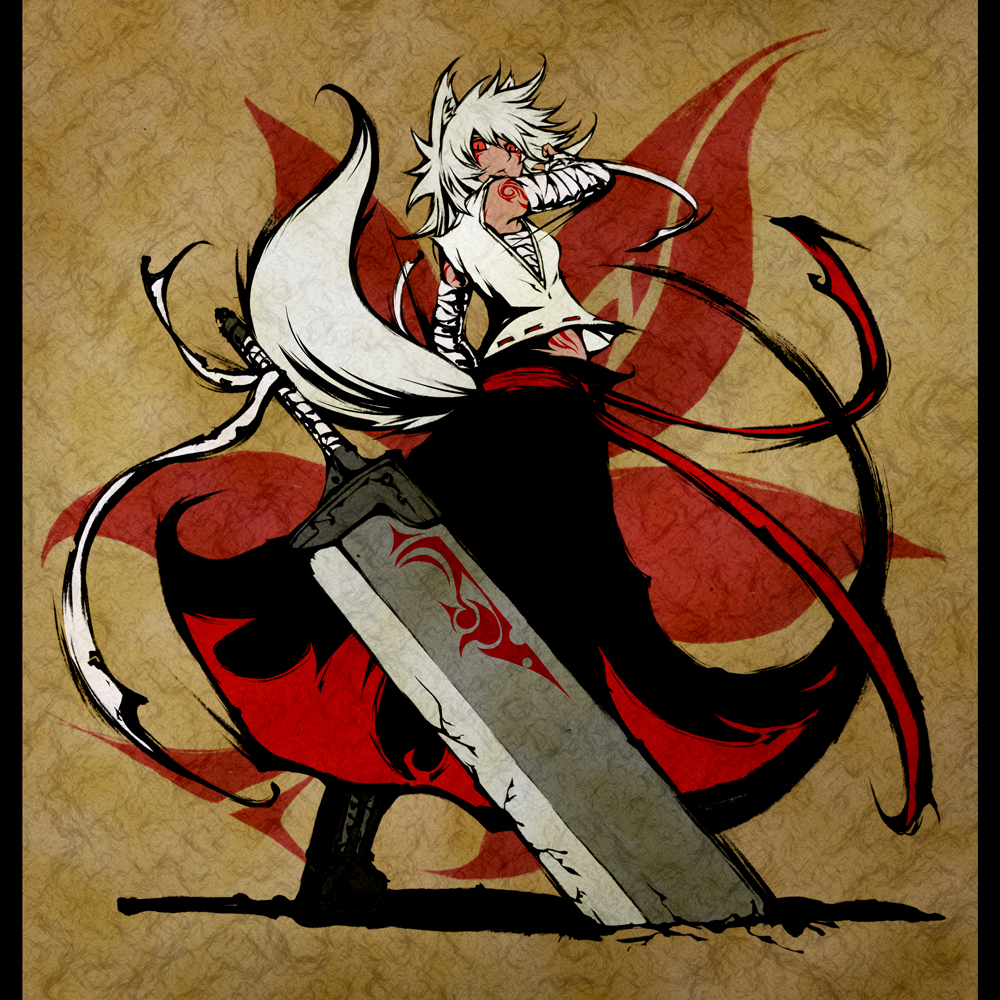 1girl, alternate_weapon, animal_ears, bandages, dress, female_focus, inubashiri_momiji, looking_at_viewer