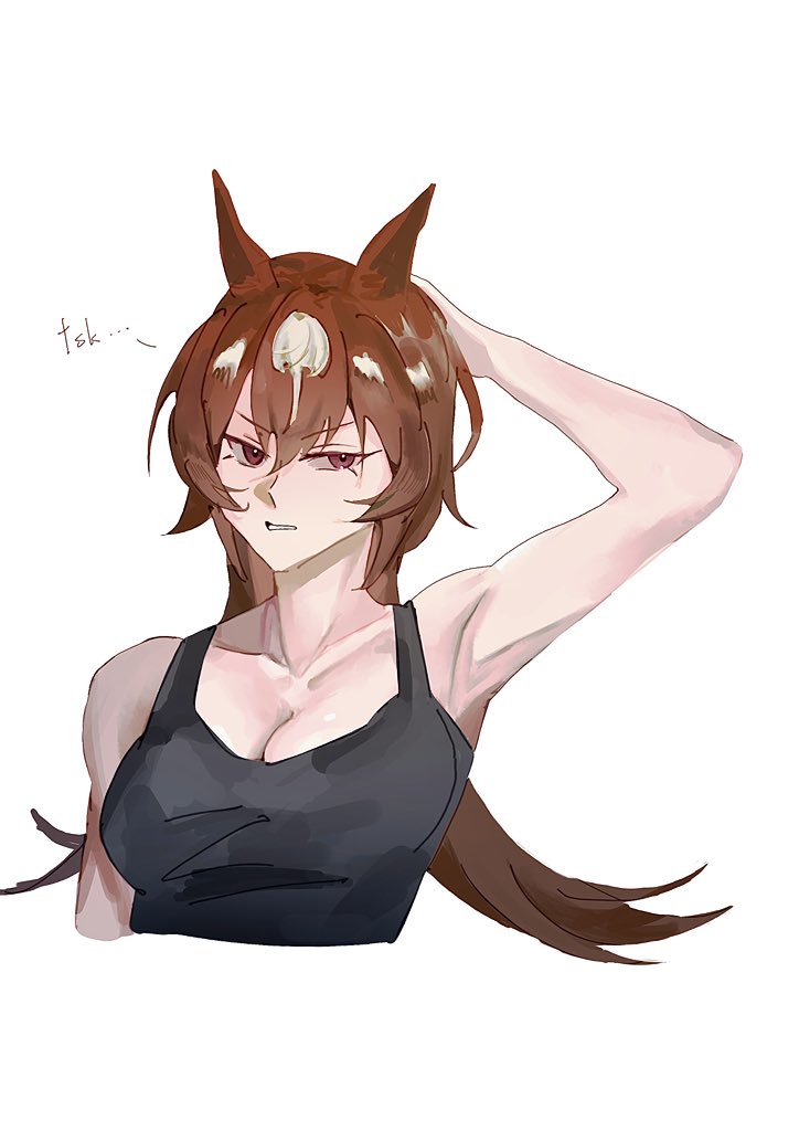 1girl, animal_ears, arm_behind_head, bare_shoulders, black_tank_top, breasts, brown_hair, cleavage