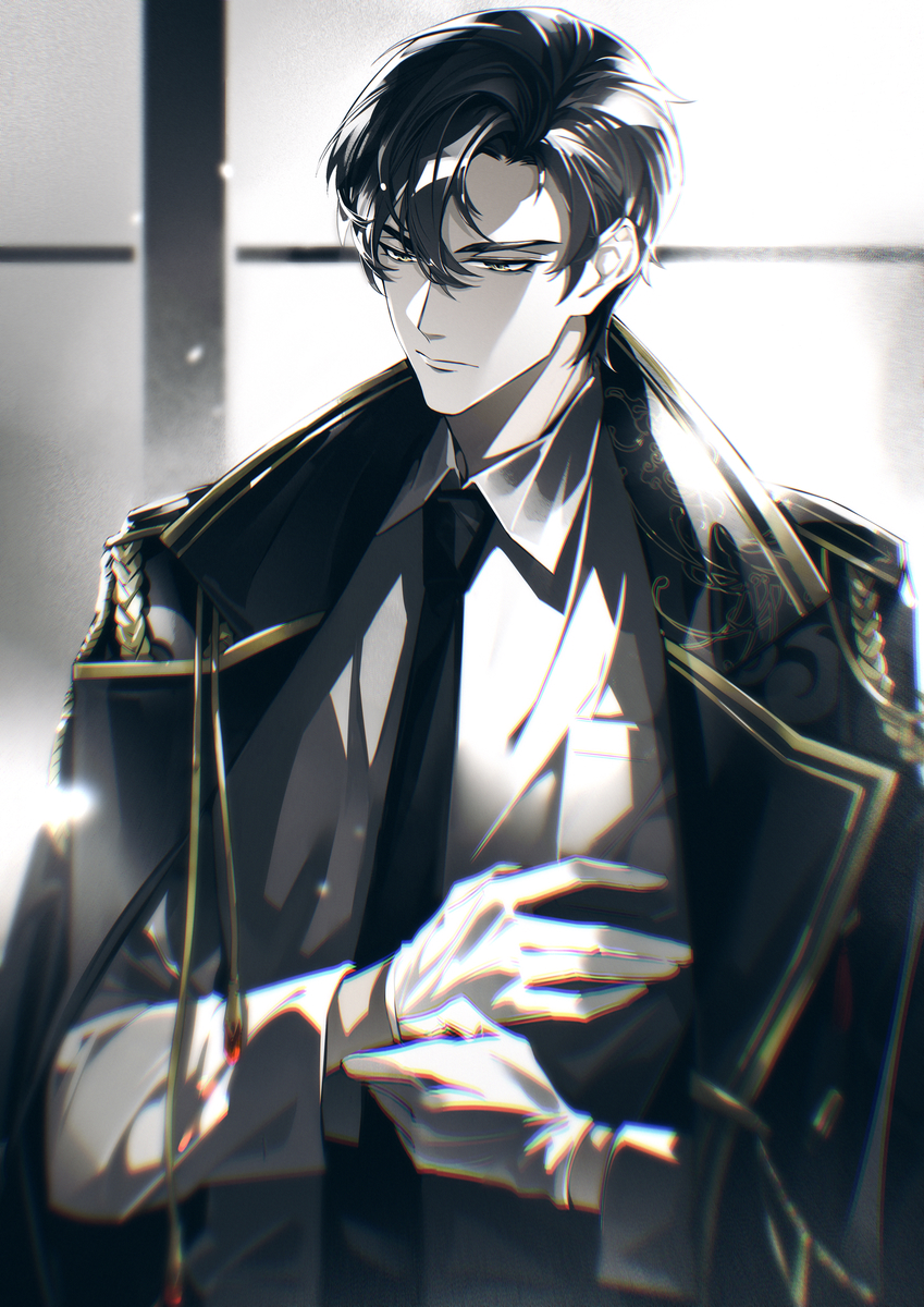 1boy, adjusting_clothes, adjusting_gloves, black_coat, black_hair, black_necktie, blurry, chromatic_aberration