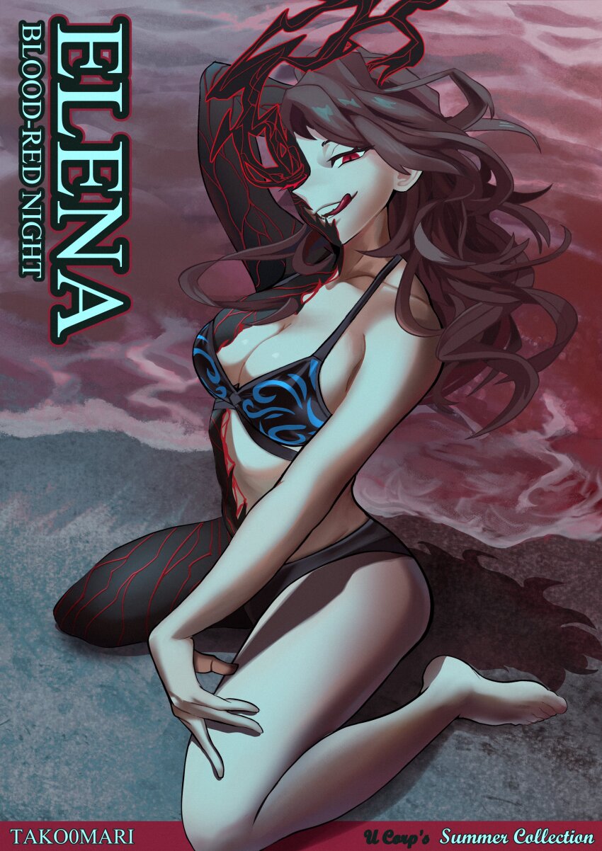 1girl, :q, absurdres, arm_up, beach, bikini, black_bikini, black_skin