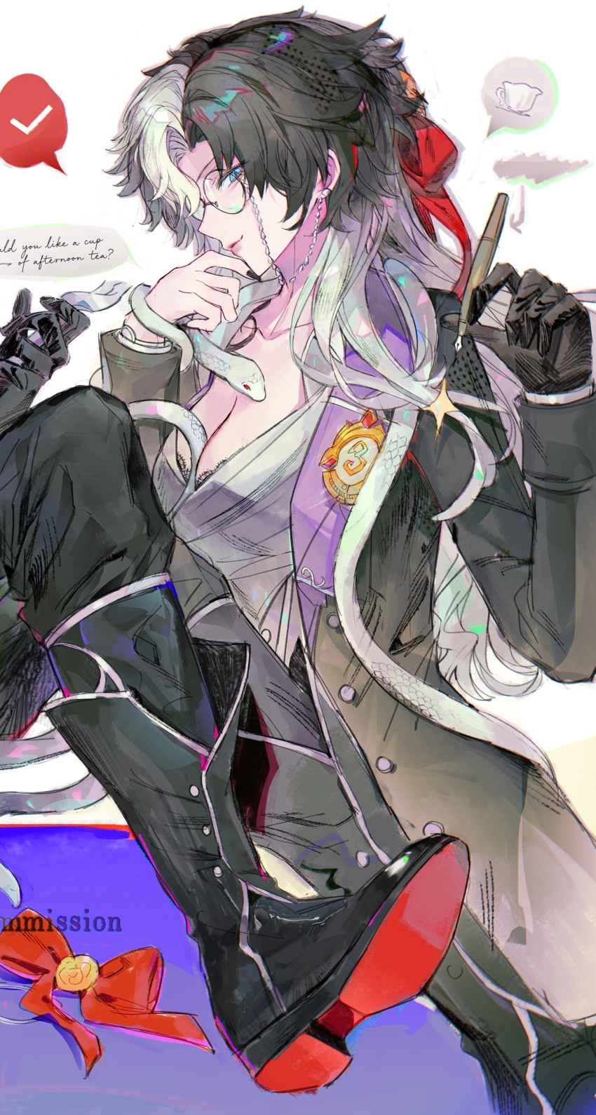 1boy, 1girl, absurdres, bandaged_chest, black_coat, black_gloves, black_hair, blue_eyes