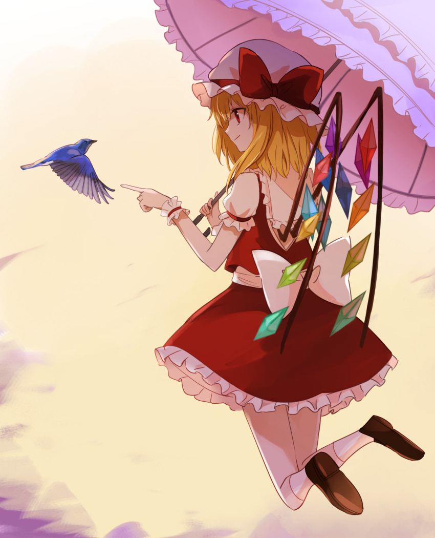 1girl, back_bow, benetto_(benet), bird, blonde_hair, blue_bird, bow, brown_shoes