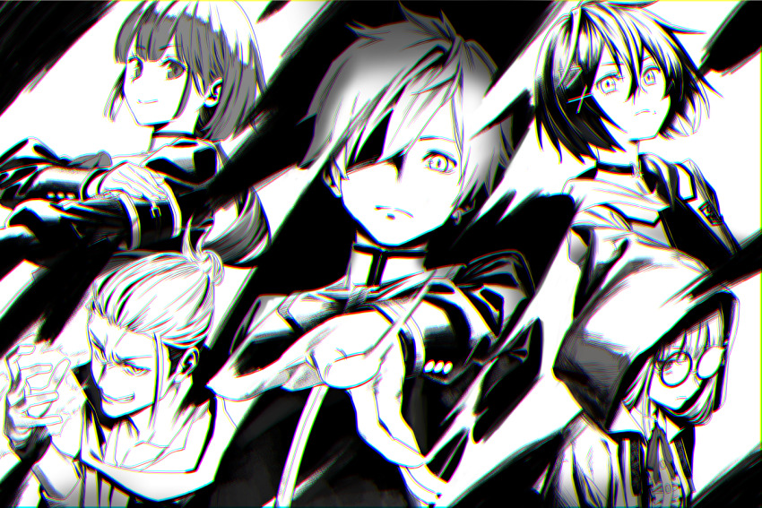 2girls, 3boys, commentary_request, date_ryotaro, glasses, greyscale, grin, hair_over_one_eye