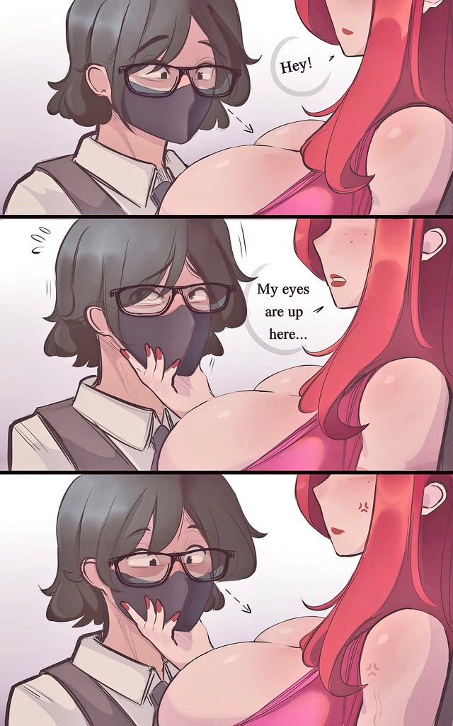 1boy, 1girl, anger_vein, arrow_(symbol), black_eyes, black_hair, breasts, closed_mouth, collared_shirt, commentary, english_commentary, english_text, ferdinandusdart, fingernails, flying_sweatdrops, glasses, hand_on_own_chin, hetero, huge_breasts, lipstick, long_hair, looking_at_another, looking_at_breasts, makeup, mask, meme, mouth_mask, my_eyes_are_up_here_(meme), nail_polish, original, parted_lips, red_hair, red_lips, red_nails, second-party_source, shirt, short_hair, speech_bubble, sweetie_doll_(character), talking, white_shirt