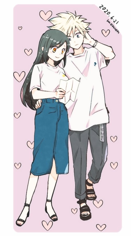 1boy, 1girl, alternate_costume, artist_name, black_hair, blonde_hair, blue_eyes, blue_skirt, blush, bracelet, breasts, casual, closed_mouth, cloud_strife, commentary_request, couple, dated, earrings, final_fantasy, final_fantasy_vii, full_body, grey_pants, hand_on_another's_hip, hand_on_own_head, heart, height_difference, hetero, holding, jewelry, long_hair, long_skirt, medium_breasts, momontaon, pants, pink_background, red_eyes, sandals, shirt, short_hair, short_sleeves, skirt, smile, spiked_hair, standing, swept_bangs, tifa_lockhart, white_shirt