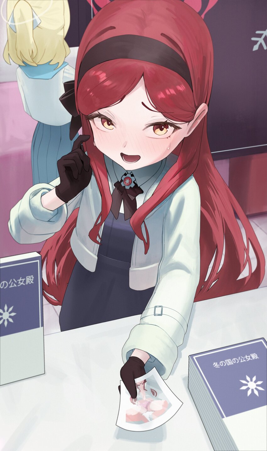 2girls, absurdres, black_bow, black_bowtie, black_gloves, black_hairband, blonde_hair, blue_archive