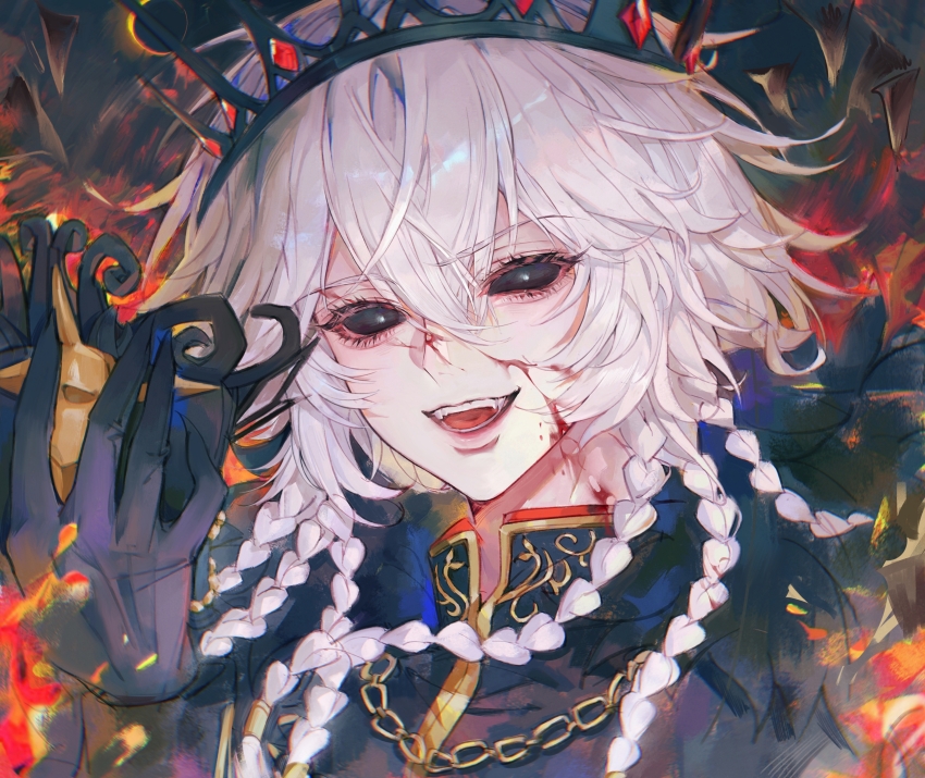 1boy, absurdres, androgynous, bishounen, black_crown, black_gloves, black_sclera, blood