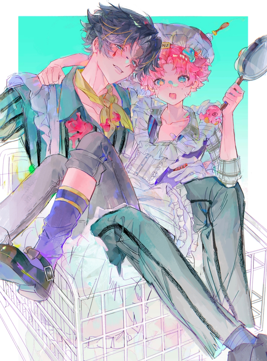 2boys, :d, absurdres, apron, aqua_eyes, aqua_pants, arm_around_neck, asymmetrical_legwear