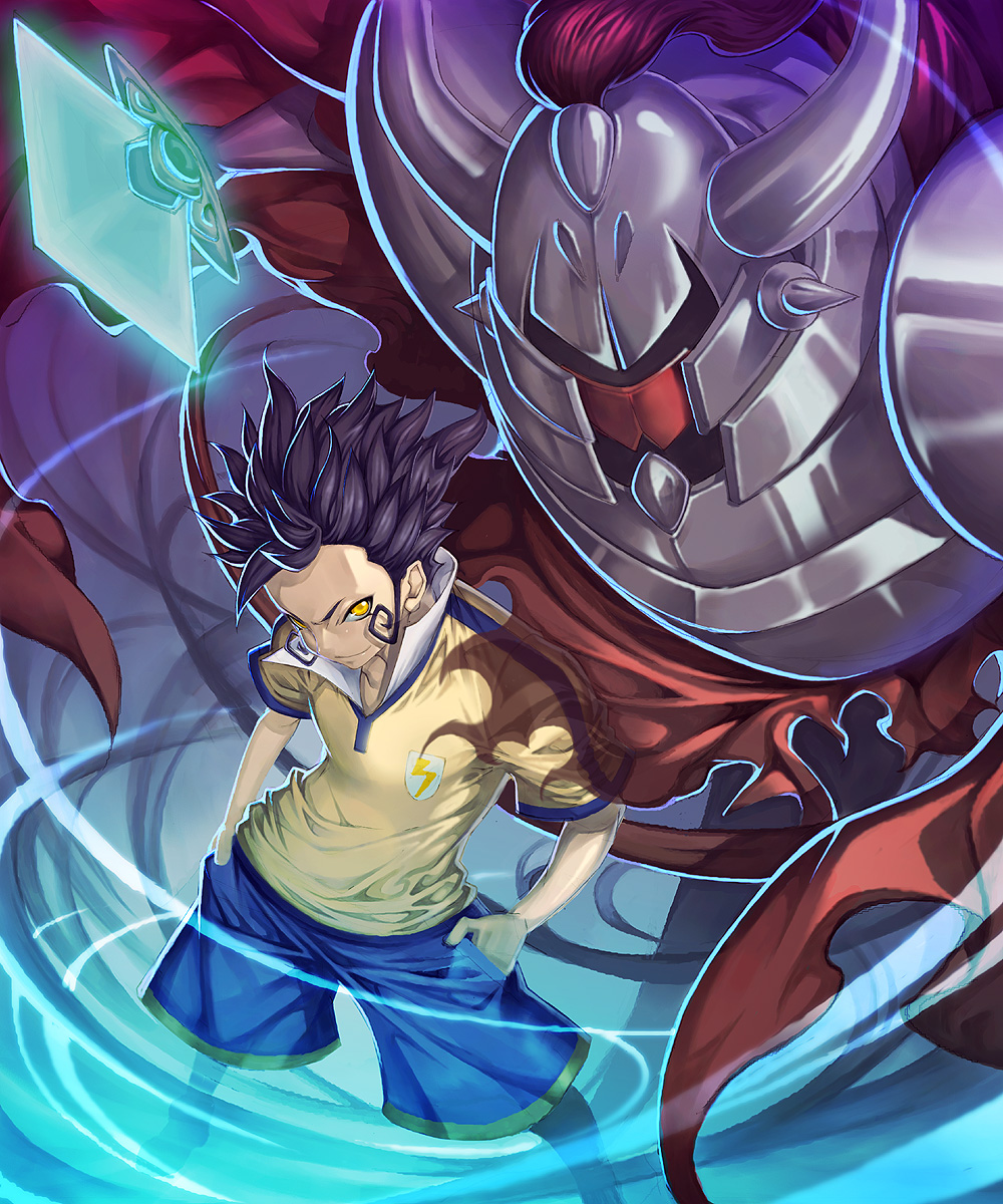 1boy, armor, aura, blue_hair, helmet, highres, inazuma_eleven, inazuma_eleven_(series), inazuma_eleven_go, katsutake, kensei_lancelot, keshin_(inazuma_eleven), knight, lightning_bolt_symbol, male_focus, raimon, raimon_soccer_uniform, smile, soccer_uniform, solo, sportswear, sword, tsurugi_kyousuke, weapon, yellow_eyes