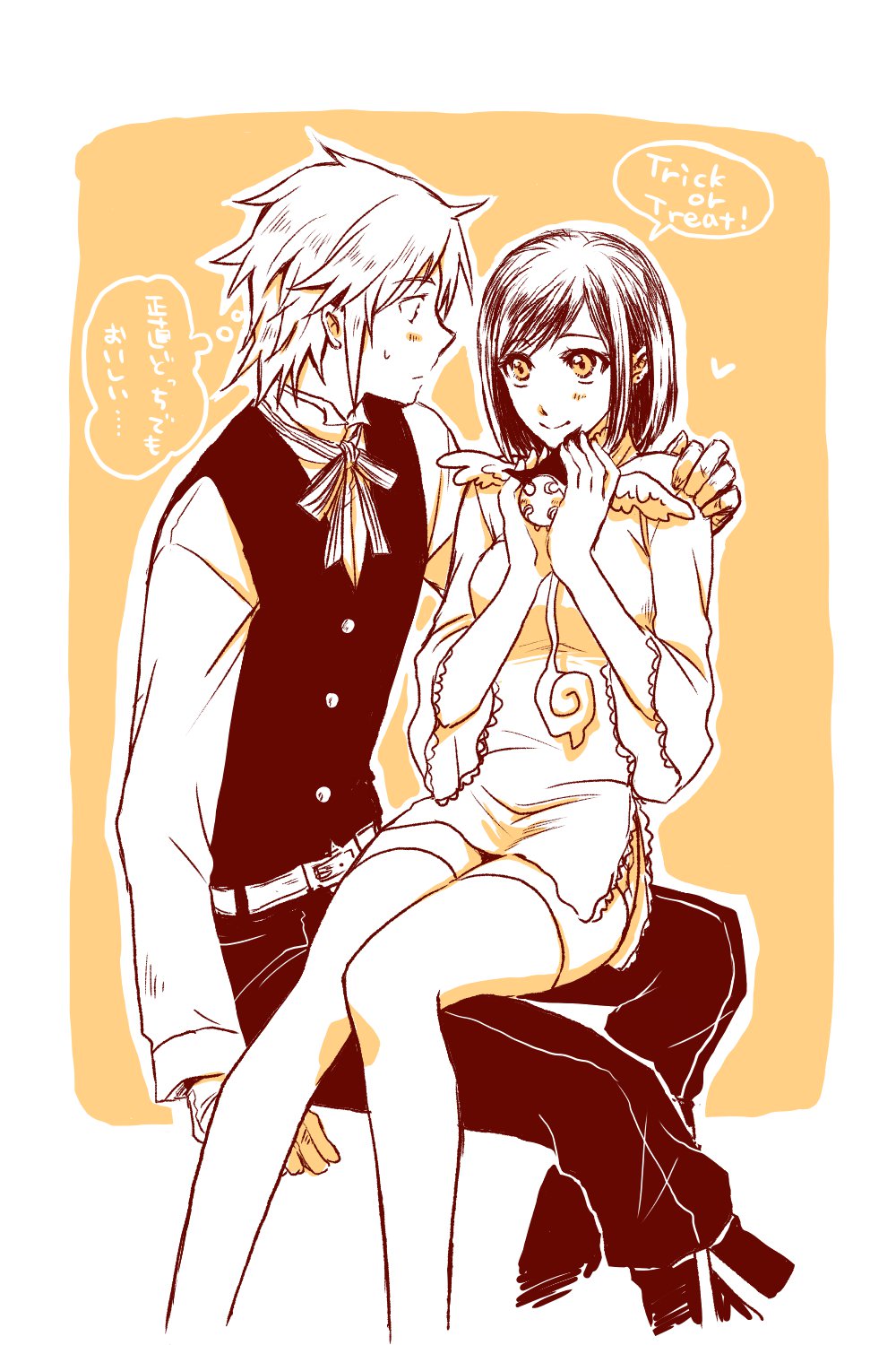 1boy, 1girl, allen_walker, asukawvm, belt, blush, bob_cut, border