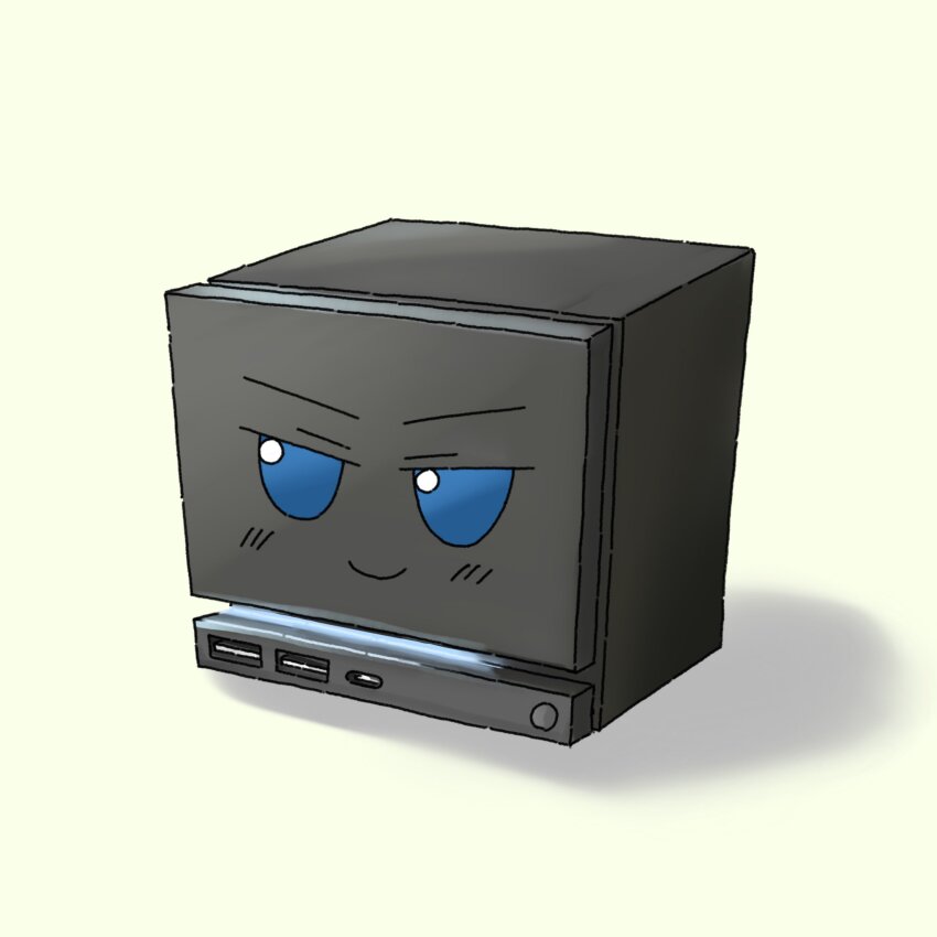 blue_eyes, commentary, computer, cube, english_commentary, fumo_(doll), glowing, highres