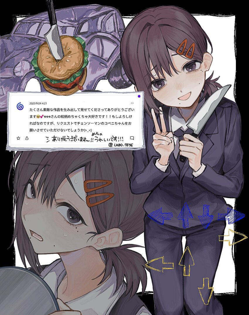 1girl, 2025, :d, aegyo_sal, arrow_(symbol), asymmetrical_bangs, black_border, black_jacket, black_necktie, black_pants, border, breasts, brown_eyes, burger, car, chainsaw_man, collared_shirt, cowboy_shot, dated, double-parted_bangs, food, hair_behind_ear, hair_between_eyes, hair_intakes, hair_ornament, hairclip, hands_up, head_tilt, heart, higashiyama_kobeni, highres, holding, holding_knife, holding_tray, jacket, knife, labo_9696, lapels, layered_sleeves, leaning_forward, lettuce, long_sleeves, looking_at_viewer, low_ponytail, lower_teeth_only, medium_breasts, mole, mole_above_mouth, mole_under_eye, mole_under_mouth, motor_vehicle, multiple_views, necktie, open_mouth, outside_border, pants, ponytail, portrait, raised_inner_eyebrows, shirt, short_hair, short_ponytail, simple_background, smile, standing, star_(symbol), sweat, teeth, thigh_gap, tray, twitter_username, v, white_background, white_shirt