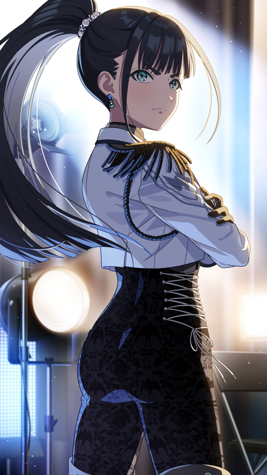 1girl, absurdres, amaya_tsubame, ass, back, backlighting, black_bodysuit, black_gloves