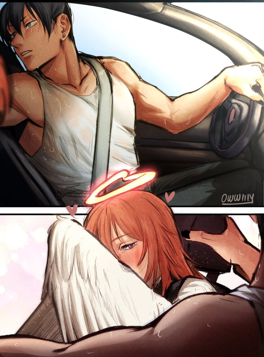 2boys, adam's_apple, alternate_halo, angel_devil_(chainsaw_man), angel_wings, black_hair, black_nails, black_pants