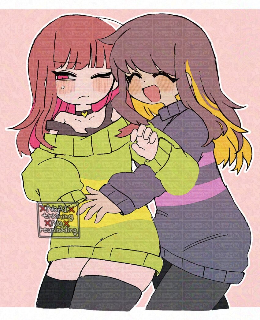 2girls, black_choker, blonde_hair, blue_sweater, blush, border, brown_hair, chara_(undertale)