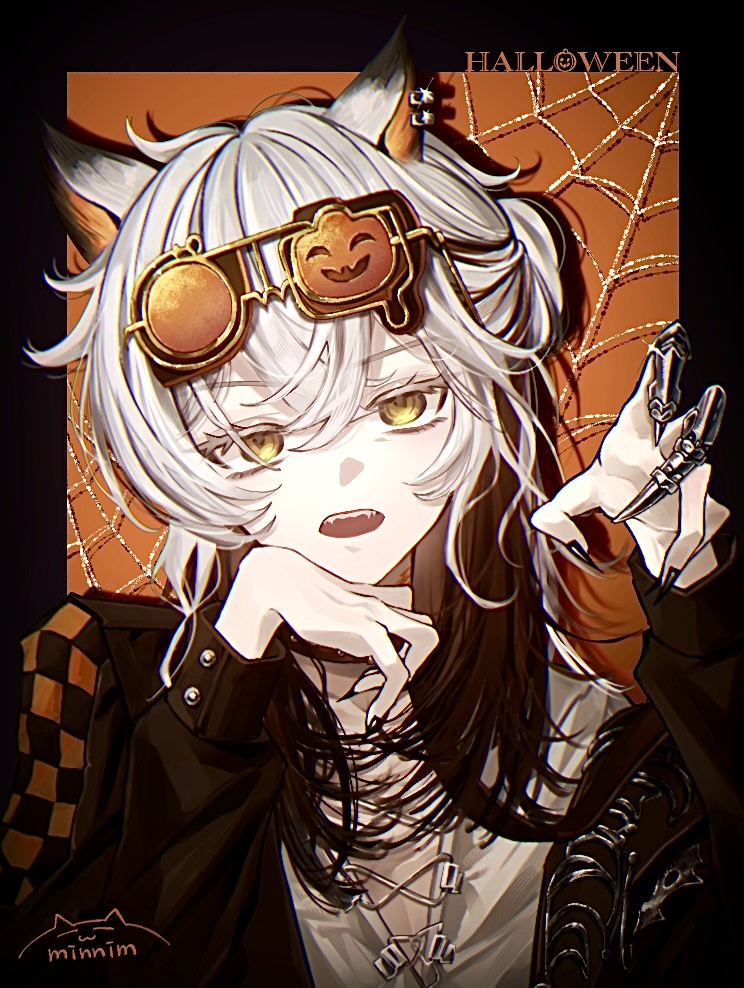 1other, animal_ears, black_border, border, brown_hair, brown_jacket, claw_ring, eyewear_on_head