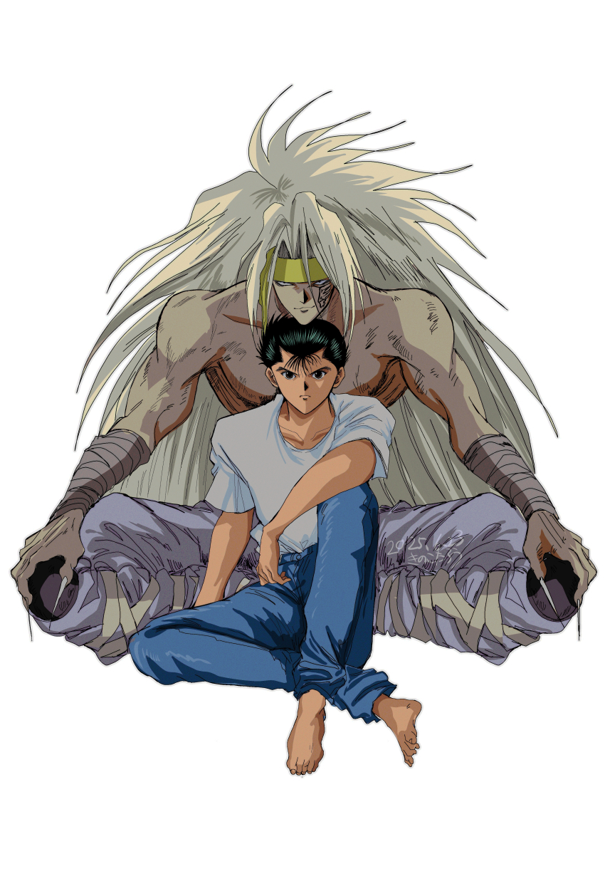 2boys, absurdres, ancestor_and_descendant, barefoot, elbow_on_knee, hiei4455, highres, long_hair