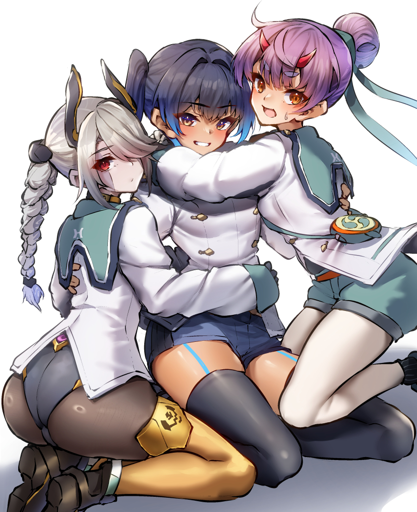 3girls, absurdres, arms_around_neck, ass, black_thighhighs, blue_hair, body_markings, braid