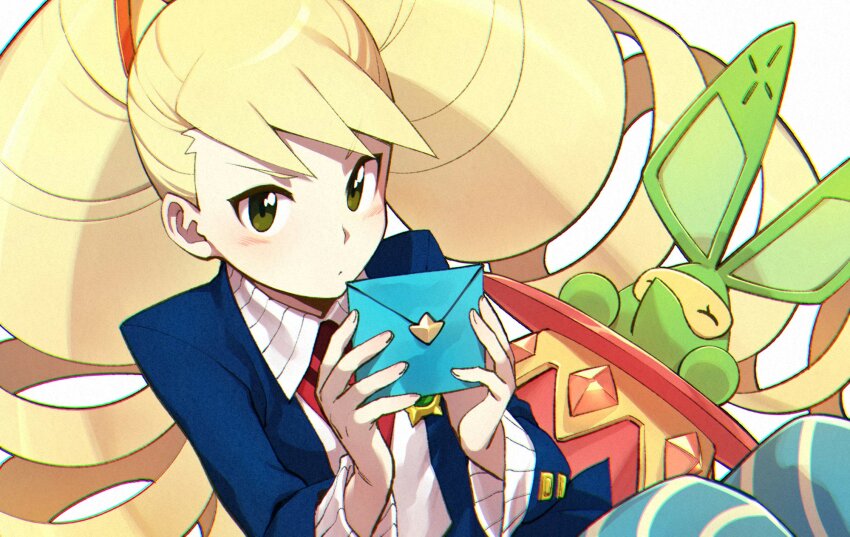 2girls, bad_id, bad_twitter_id, blonde_hair, blue_pantyhose, blush, drill_hair, green_eyes