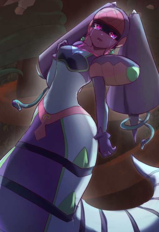 1girl, armor, blue_skin, colored_skin, em_wave_change_(mega_man), gloves, kika_tohoku, lamia