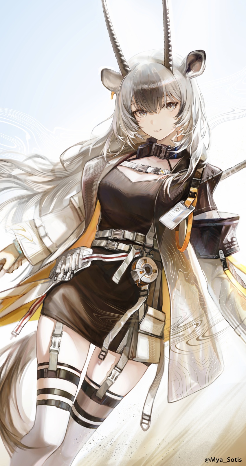 1girl, absurdres, animal_ears, arknights, armband, black_armband, black_dress, blue_sky