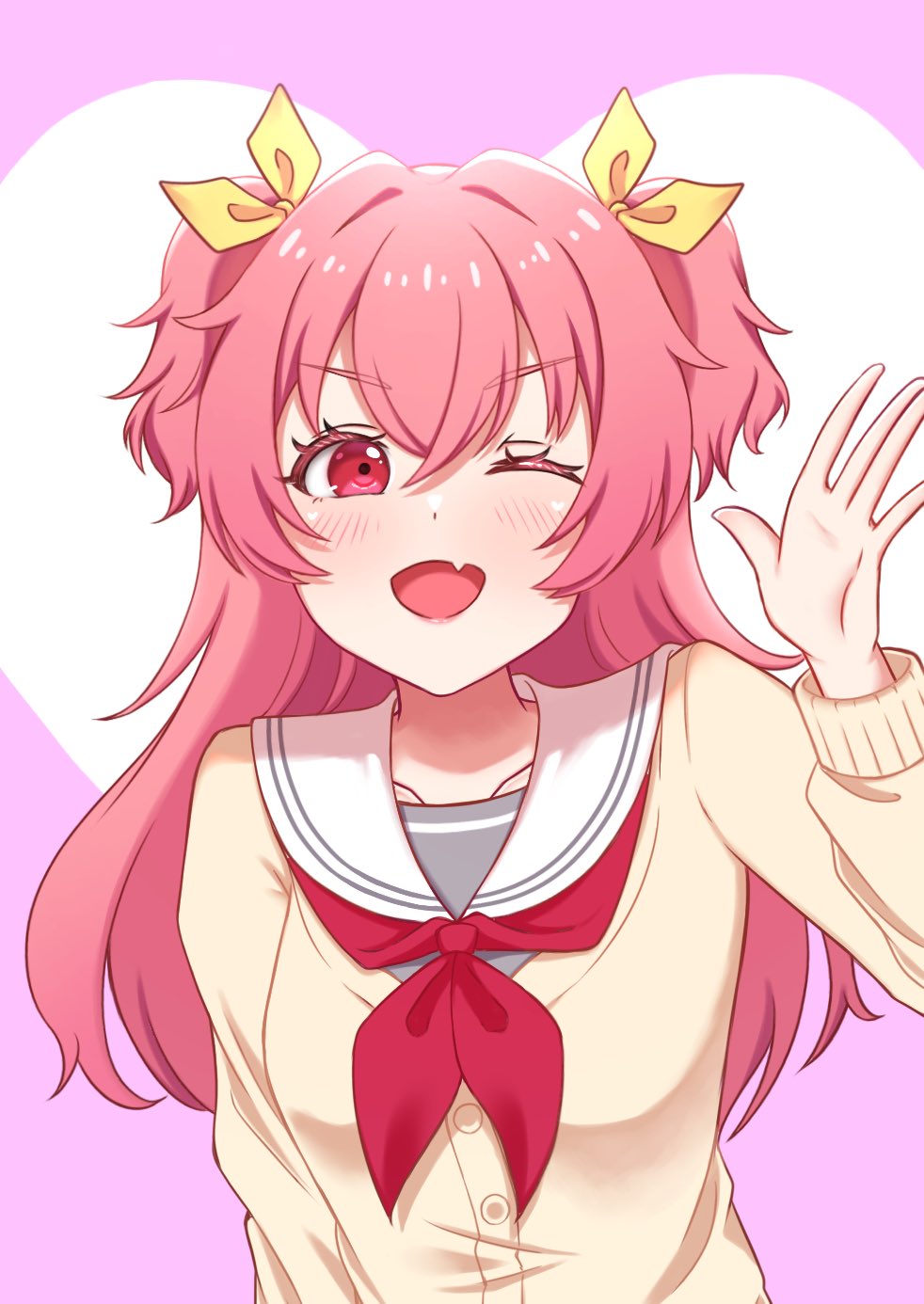 1girl, ;d, blush, breasts, cardigan, collarbone, commentary, crossed_bangs