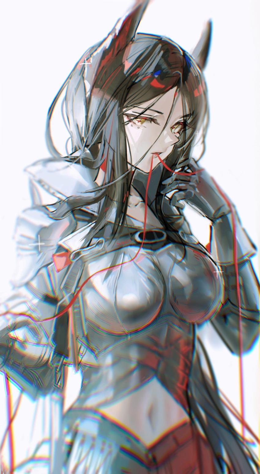 1girl, absurdres, arknights, armor, artist_name, black_hair, black_horns, blurry
