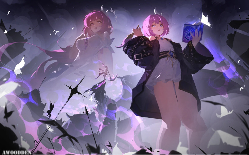 3girls, artist_name, as_i've_written_(honkai:_star_rail), awoodden, bare_shoulders, book, breasts, bug