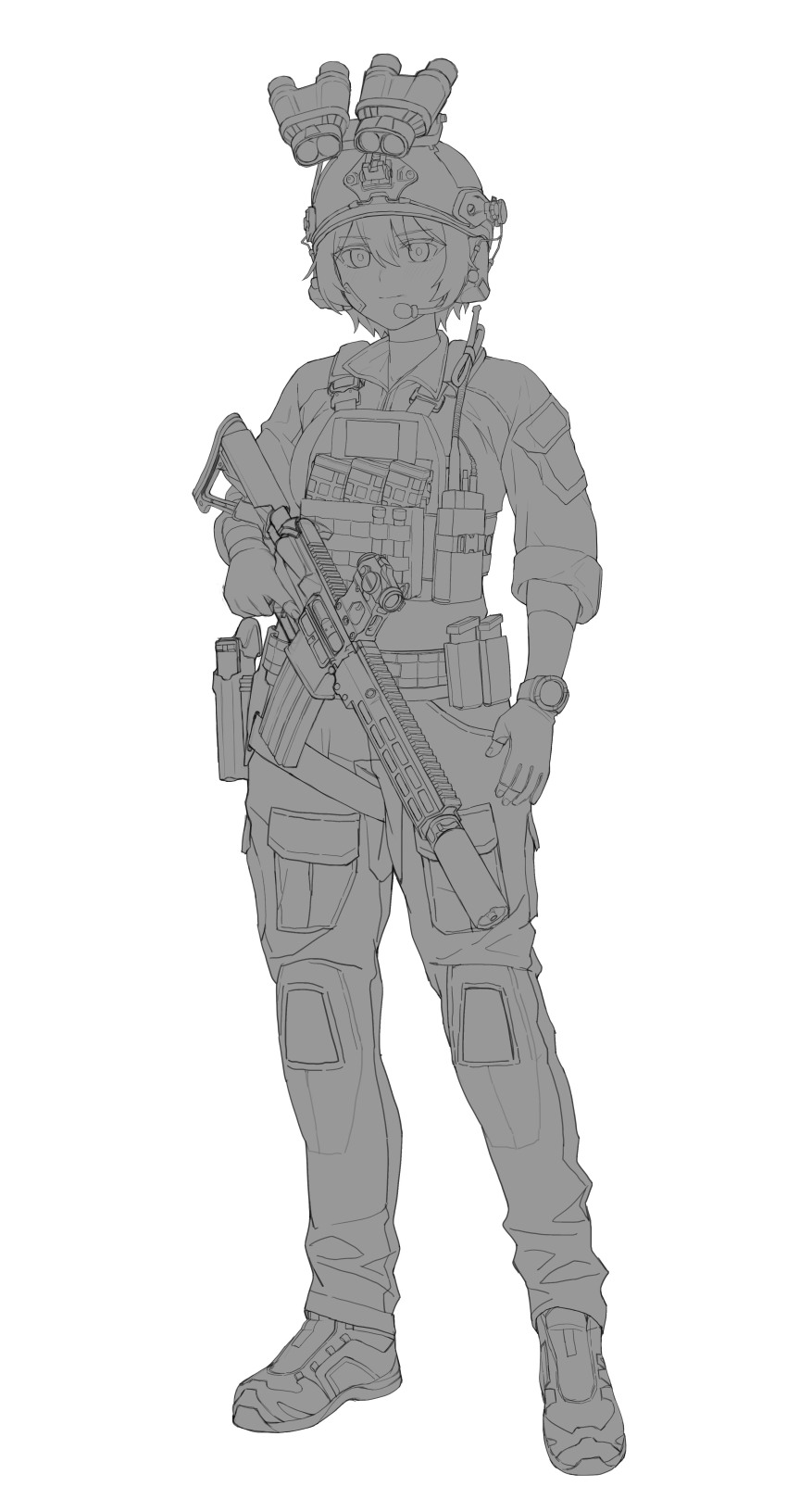 1girl, absurdres, ammunition_pouch, ar-15, assault_rifle, bandaid, bandaid_on_face, belt_pouch