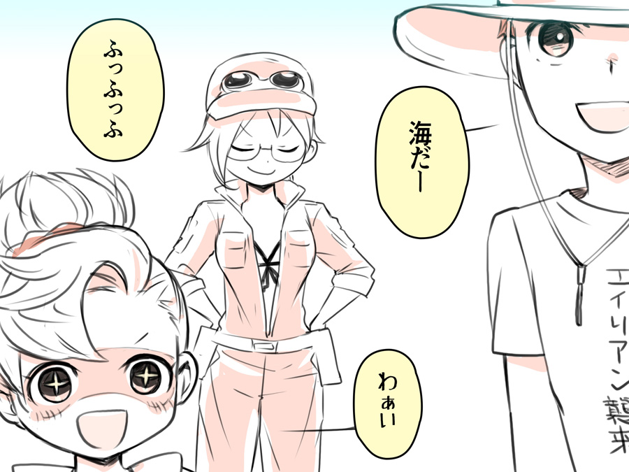 1boy, 2girls, akira_(nyanko_daisensou), bikini, closed_eyes, elico_nya, glasses, goggles, hair_bun, hair_ornament, hair_scrunchie, hands_on_own_hips, hat, multiple_girls, nyanko_daisensou, partially_open_shirt, partially_translated, puffy_shorts, saionji_mekako, saki_(nyanko_daisensou), scrunchie, shirt, short_hair, shorts, smile, sparkling_eyes, speech_bubble, sun_hat, swimsuit, t-shirt, translation_request, white_shirt