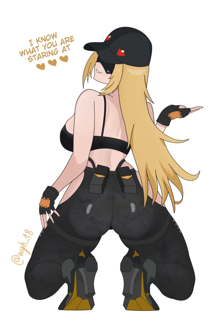 1girl, ass, baseball_cap, blindfold_mask, blonde_hair, camouflage, commentary, crop_top