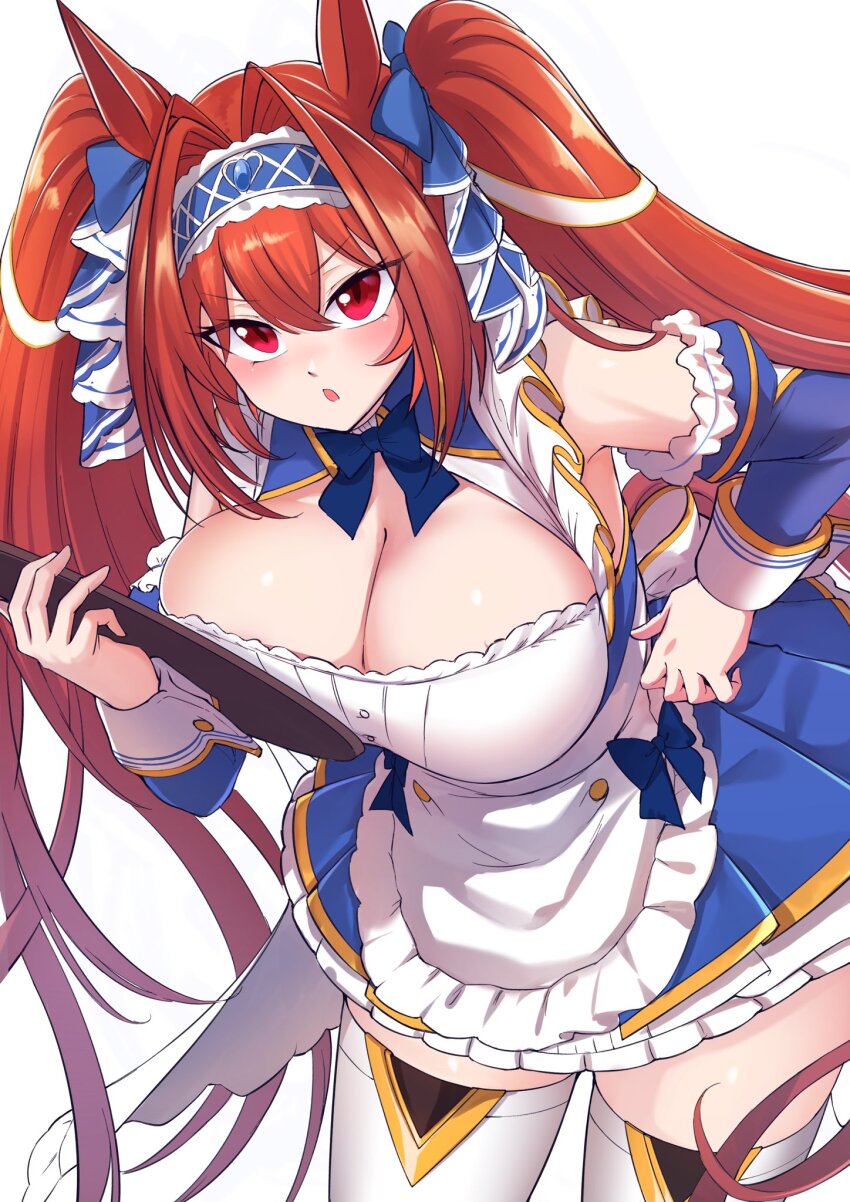 1girl, animal_ears, apron, blue_bow, blue_dress, bow, breasts, brown_hair