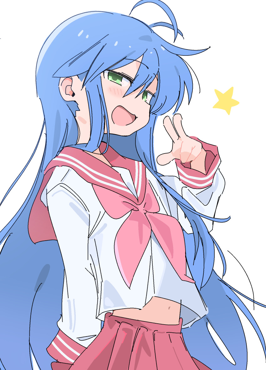 1girl, :3, ahoge, blue_hair, commentary, green_eyes, hair_between_eyes, highres, izumi_konata, long_hair, long_sleeves, looking_at_viewer, lucky_star, midriff, navel, neckerchief, open_mouth, pink_neckerchief, pleated_skirt, red_sailor_collar, red_skirt, ryouou_school_uniform, sailor_collar, school_uniform, serafuku, skirt, smile, solo, star_(symbol), stomach, v, very_long_hair, white_background, wichimi