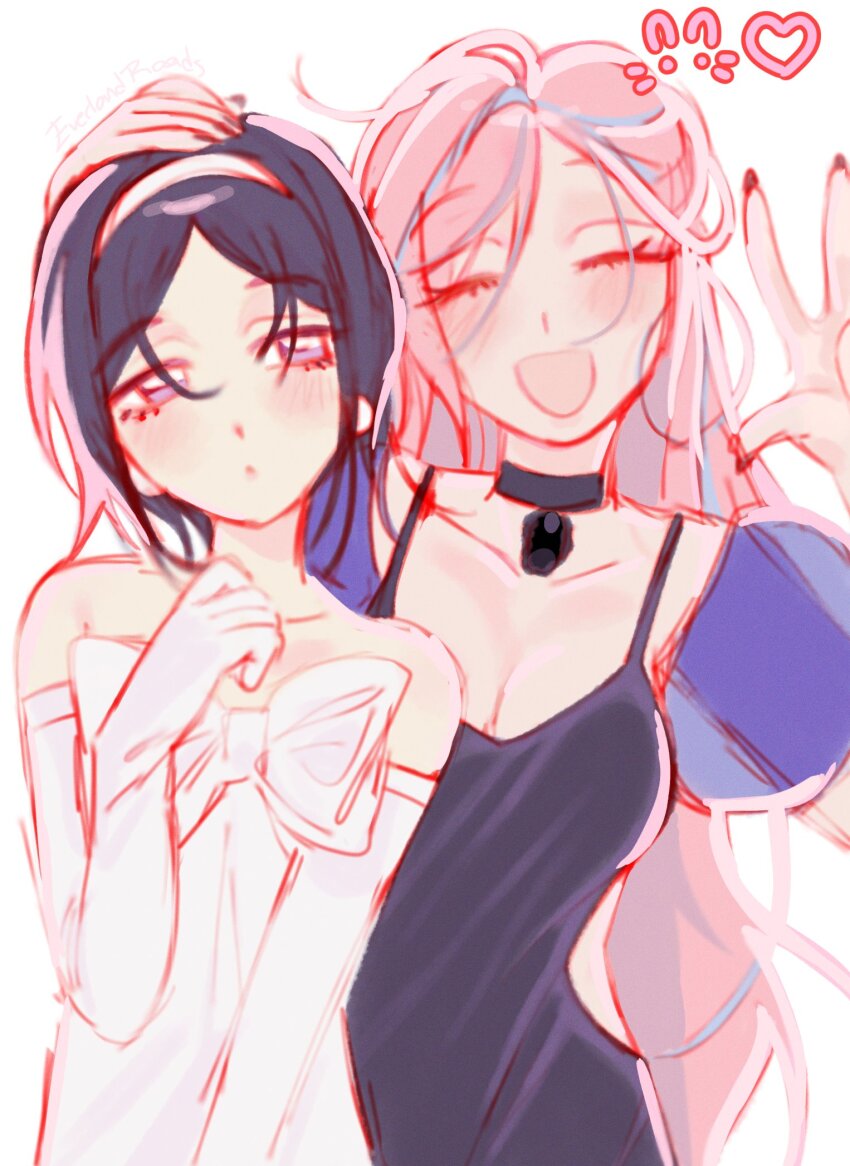 2girls, alien_stage, black_choker, black_dress, black_hair, bow, breasts, chest_bow, choker, cleavage, closed_eyes, commentary, dress, dress_bow, elbow_gloves, english_commentary, gloves, hairband, hand_on_another's_head, heart, highres, mizi_(alien_stage), multiple_girls, open_mouth, pink_hair, pirasa_(everlandroads), prototype_design, purple_eyes, short_hair, sleeveless, sleeveless_dress, strapless, strapless_dress, sua_(alien_stage), w, white_bow, white_gloves, white_hairband